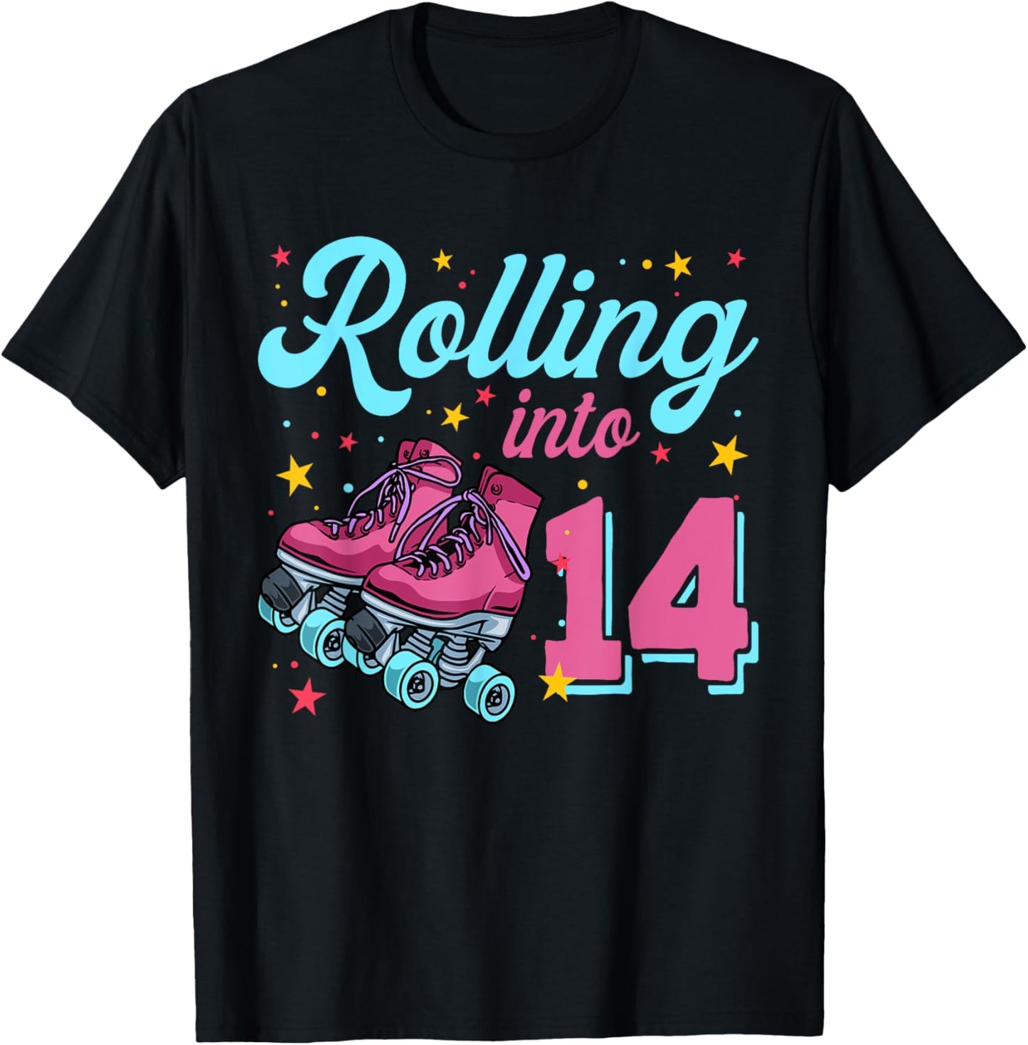 14th Birthday Shirt For Girls, Roller Skates Rolling Into 14 T-Shirt - T-Shirt | Black