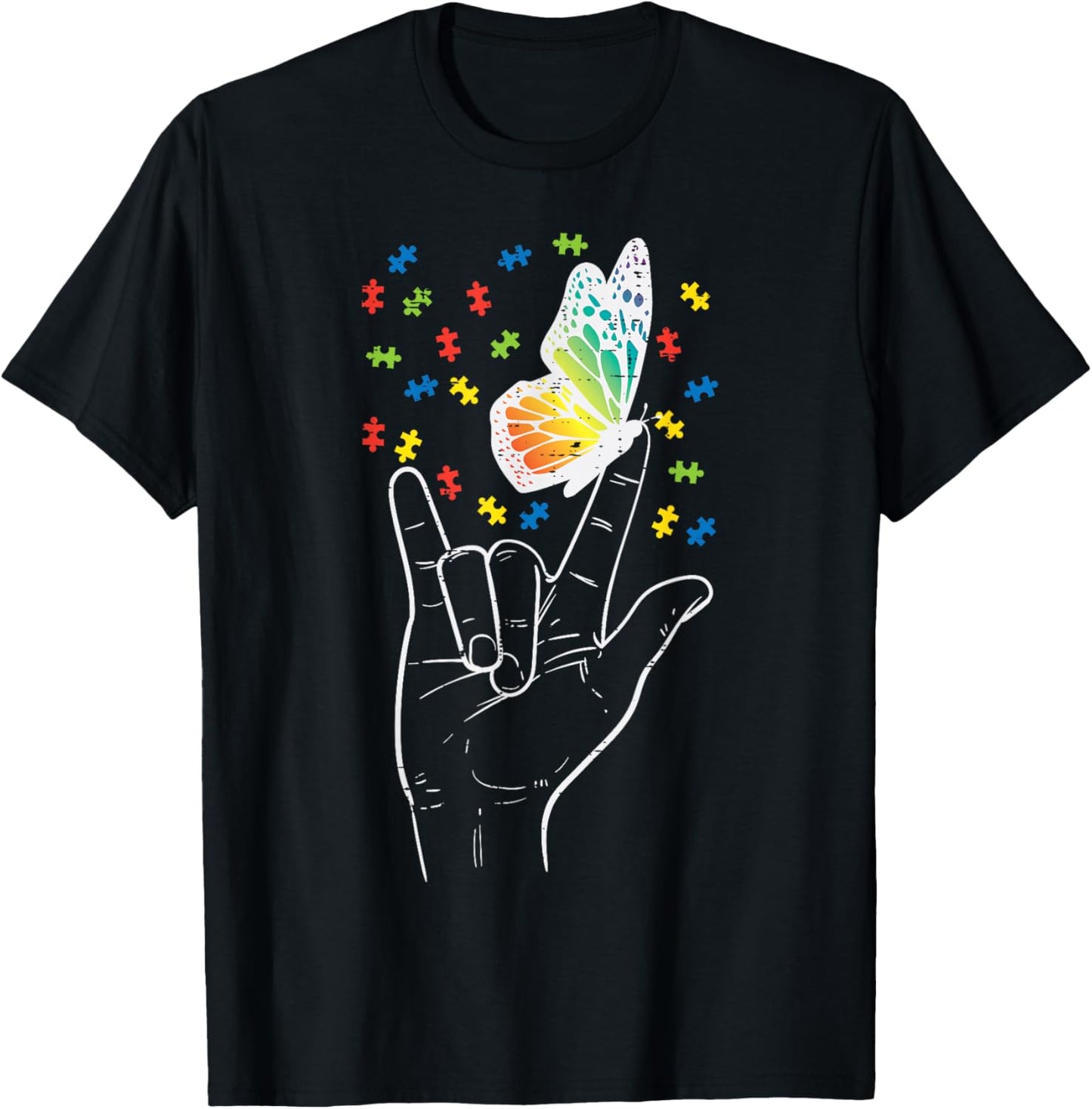 Asl Love Sign Butterfly Puzzle Autism Awareness Sped Teacher T-Shirt - T-Shirt | Black