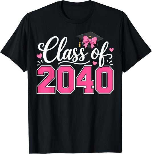 Class of 2040 Grow with Me Graduation Pink Coquette Bow Girl T-Shirt - T-Shirt | Black