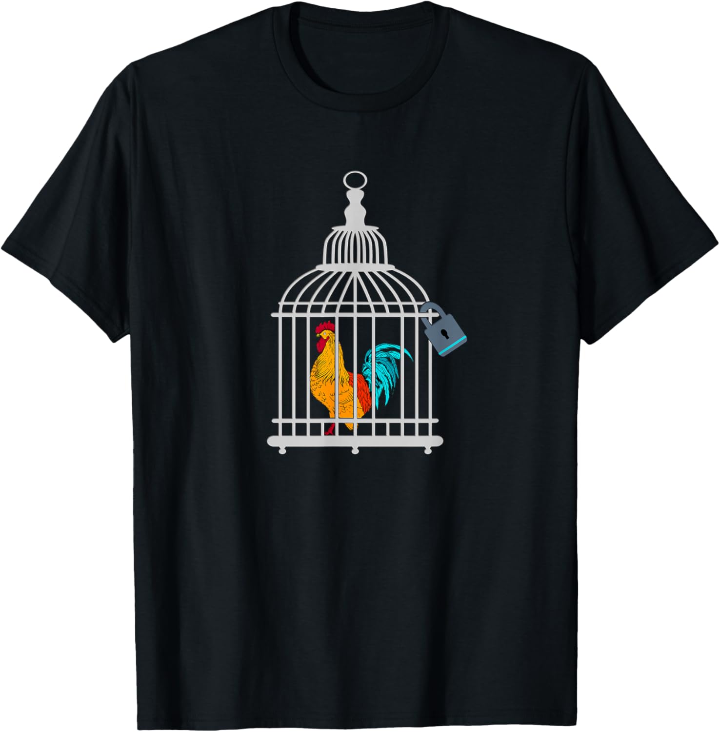 RED ROOSTER COCK MALE CHASTITY Chicken in Cage T-Shirt - T-Shirt | Black