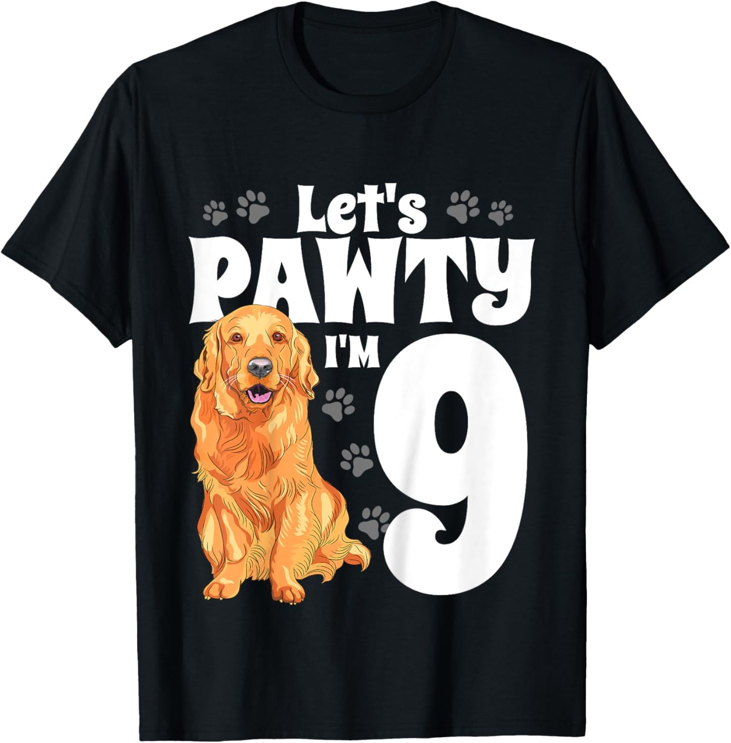 9 Year Old Golden Retriever Dog Birthday Pawty Dogs 9th Gift T-Shirt - T-Shirt | Black