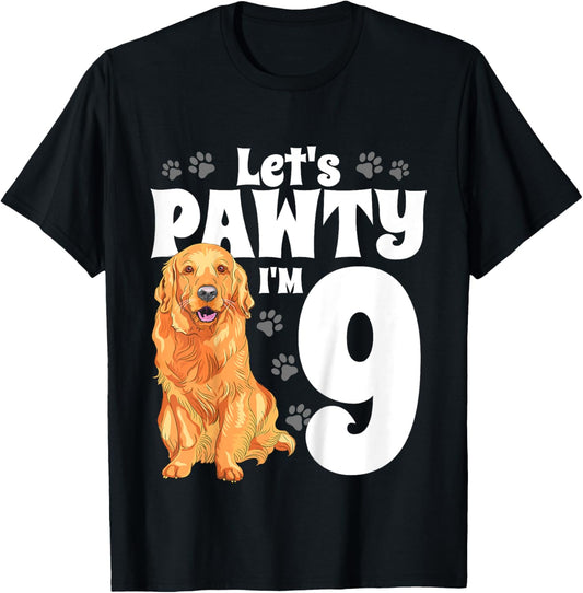 9 Year Old Golden Retriever Dog Birthday Pawty Dogs 9th Gift T-Shirt - T-Shirt | Black