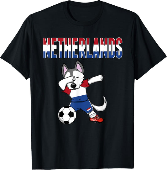 Dabbing Husky Dog Netherlands Soccer Fans Jersey Dutch Flag Men Women Kids T-Shirt - T-Shirt | Black