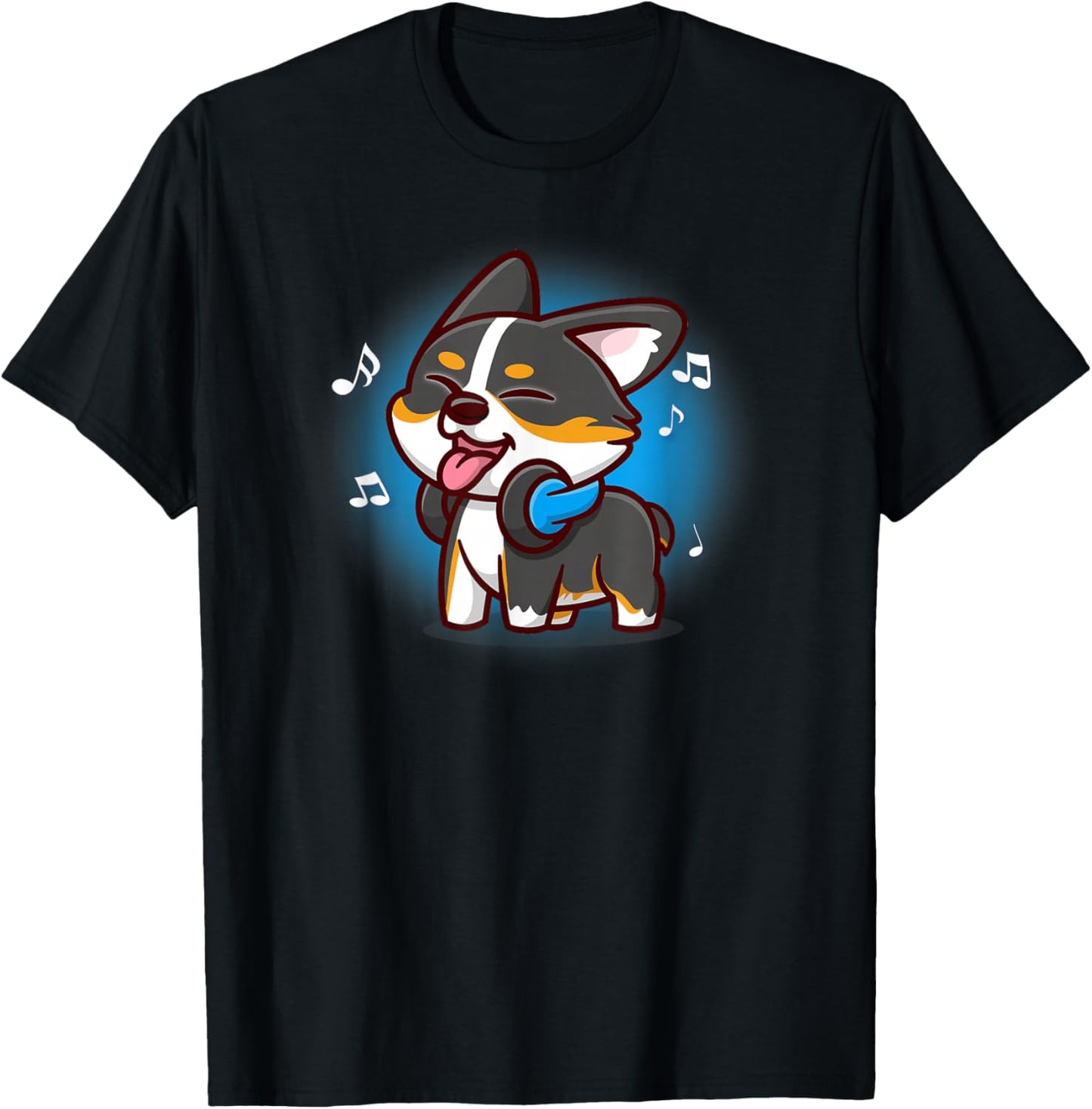 Funny Cute Kawaii Cartoon Music Black Tricolor Corgi Lover T-Shirt - T-Shirt | Black