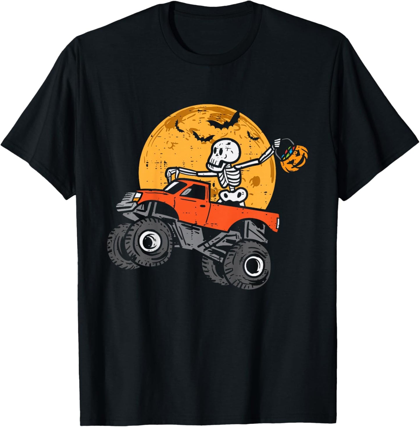 Kids Skeleton Monster Truck Moon Candy Toddler Boys Halloween Kid T-Shirt - T-Shirt | Black