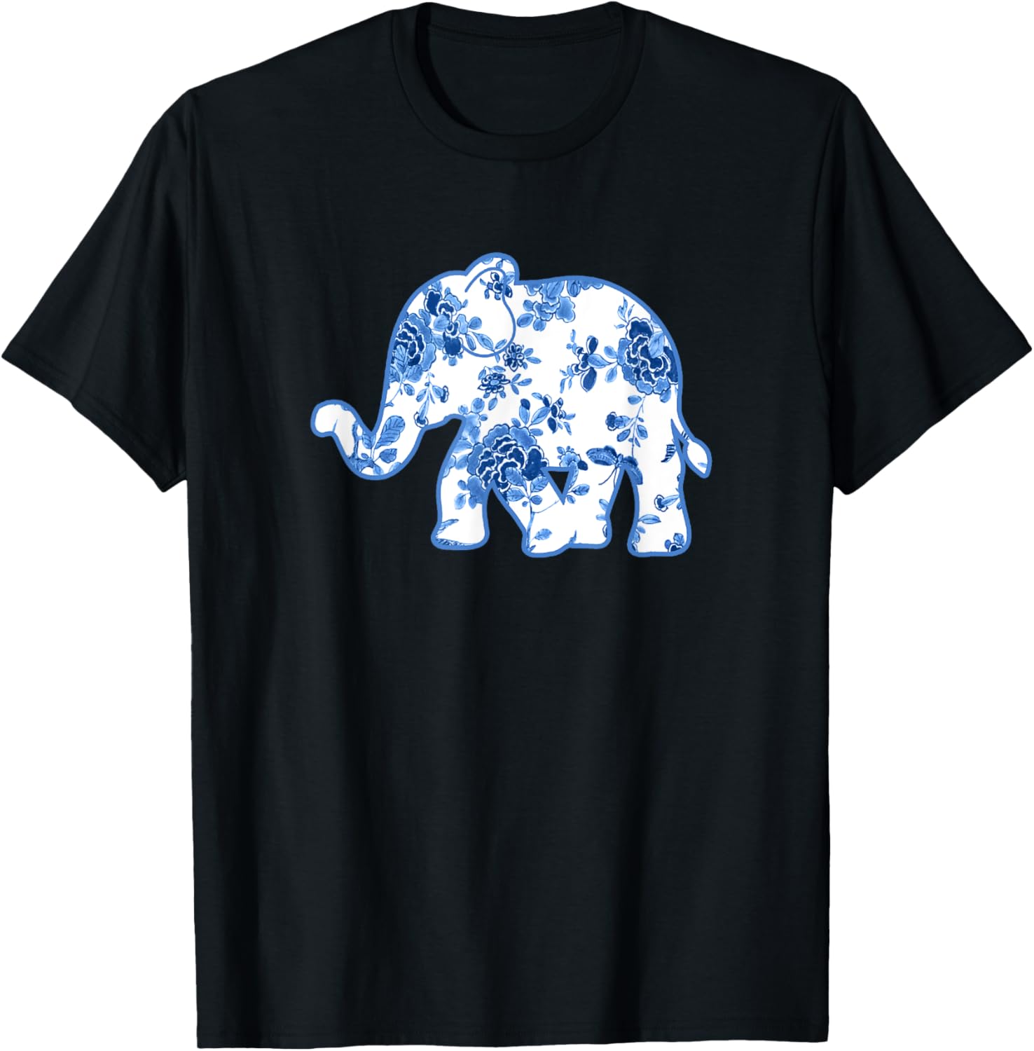 Elephant Chinoiserie Shirt Blue White Floral Pattern T-Shirt - T-Shirt | Black