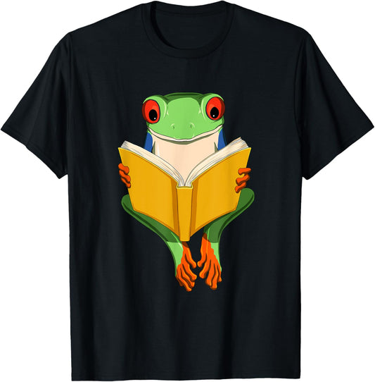 Funny Red Eyed Tree Frog Read Book T-Shirt - T-Shirt | Black