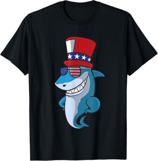 Cute Shark 4th Of July Independence Day America USA T-Shirt - T-Shirt | Black