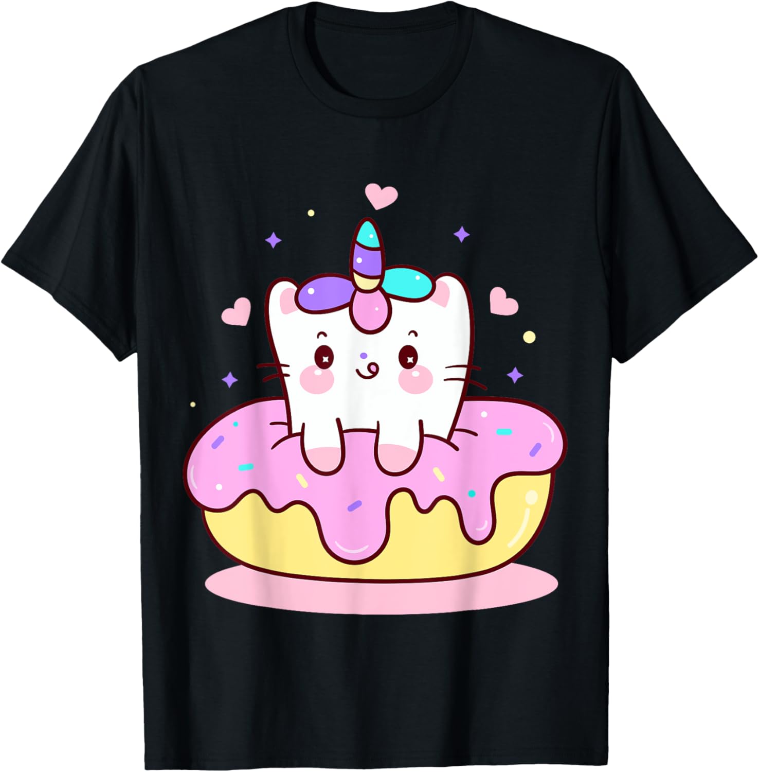 Unicorn Kitty Cat Kitten on Donut Girl Boy Kids Youth Child T-Shirt - T-Shirt | Black
