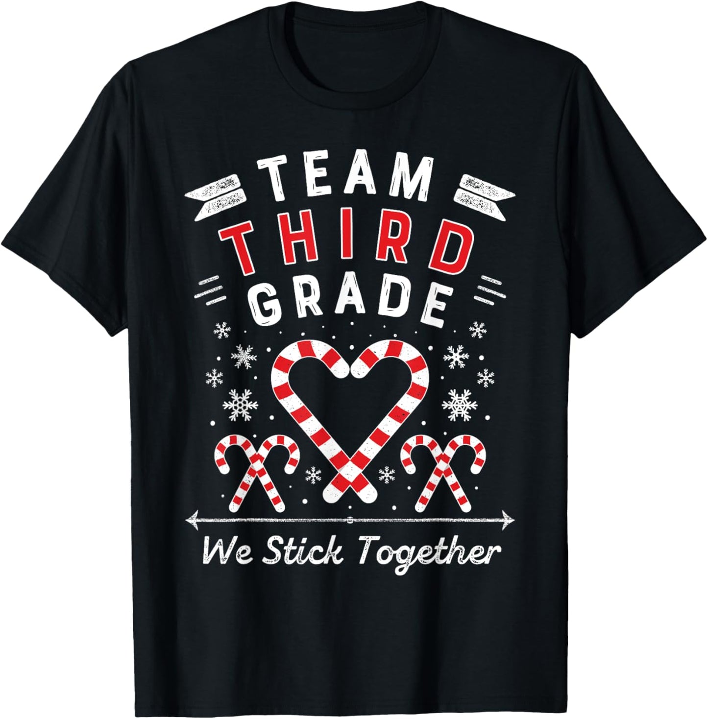 Team Third Grade Christmas Candy Cane Heart Xmas 3rd Teacher Women Kids T-Shirt - T-Shirt | Black