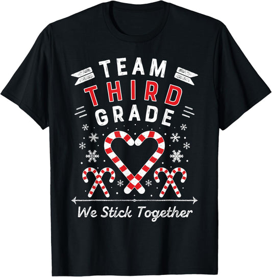 Team Third Grade Christmas Candy Cane Heart Xmas 3rd Teacher Women Kids T-Shirt - T-Shirt | Black