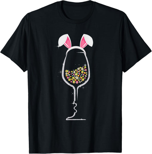 Easter Day Color Egg Wine Glass Bunny Wine Lovers T-Shirt - T-Shirt | Black