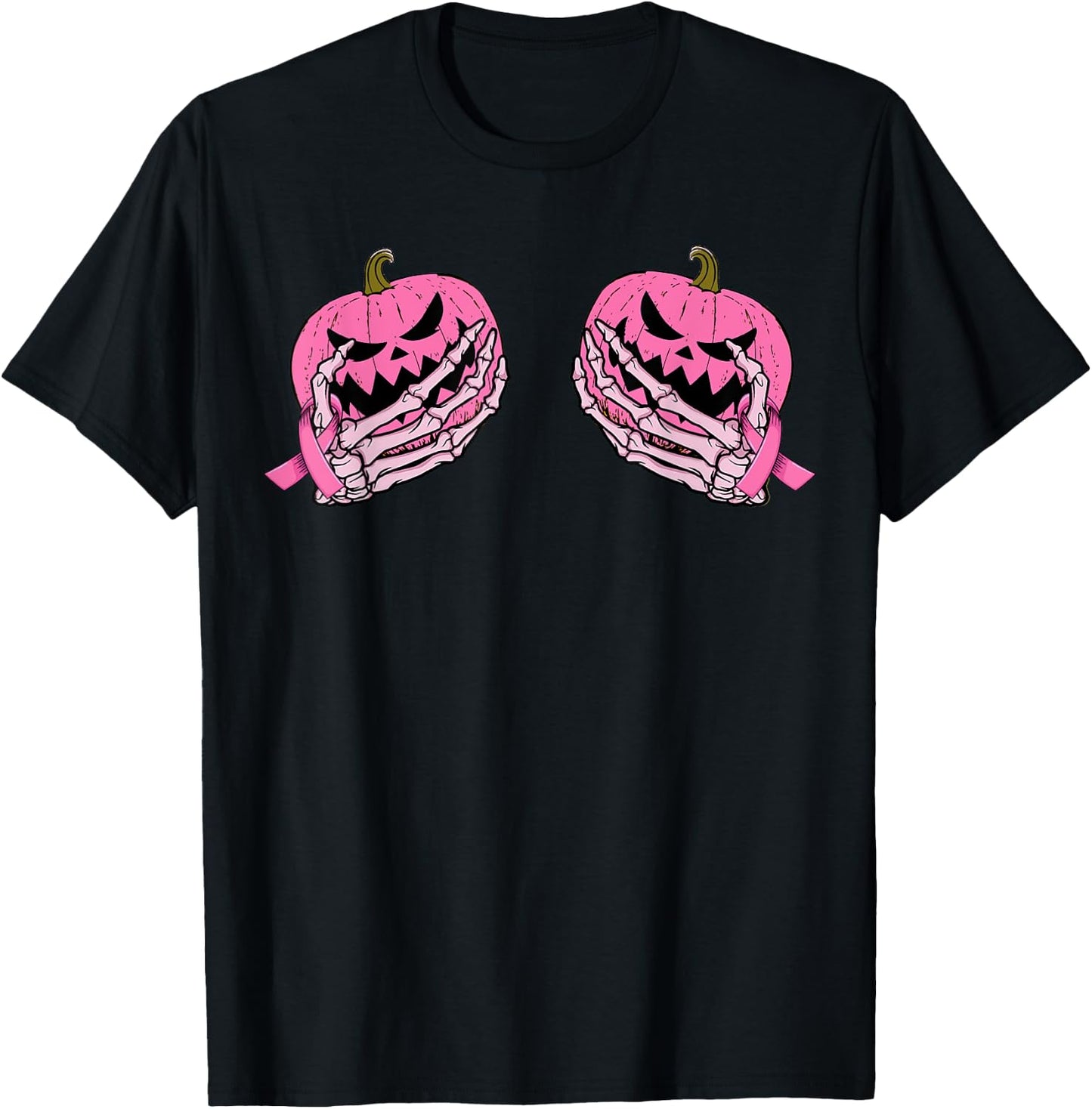 Skeleton Hand Pink Ribbon Halloween Breast Cancer Pumpkin T-Shirt - T-Shirt | Black