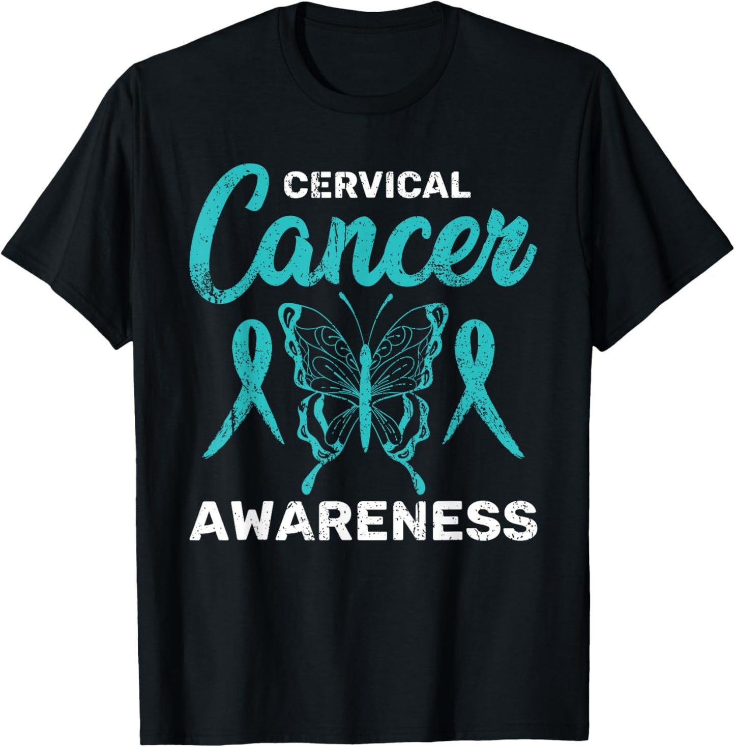 Teal Ribbon Butterfly Cancer Survivor Cervical Cancer T-Shirt - T-Shirt | Black