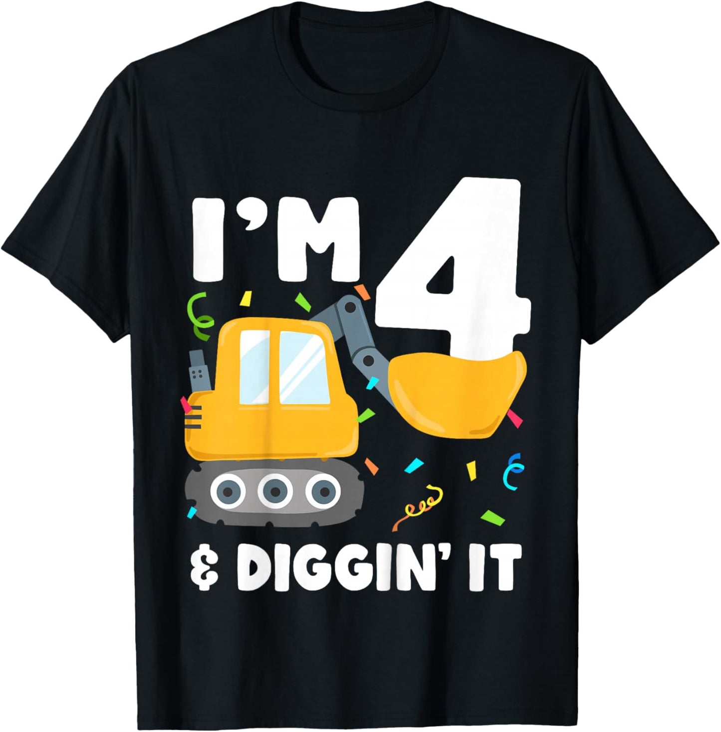 Kids Construction Truck 4th Birthday Boy 4 Four Excavator Digger T-Shirt - T-Shirt | Black