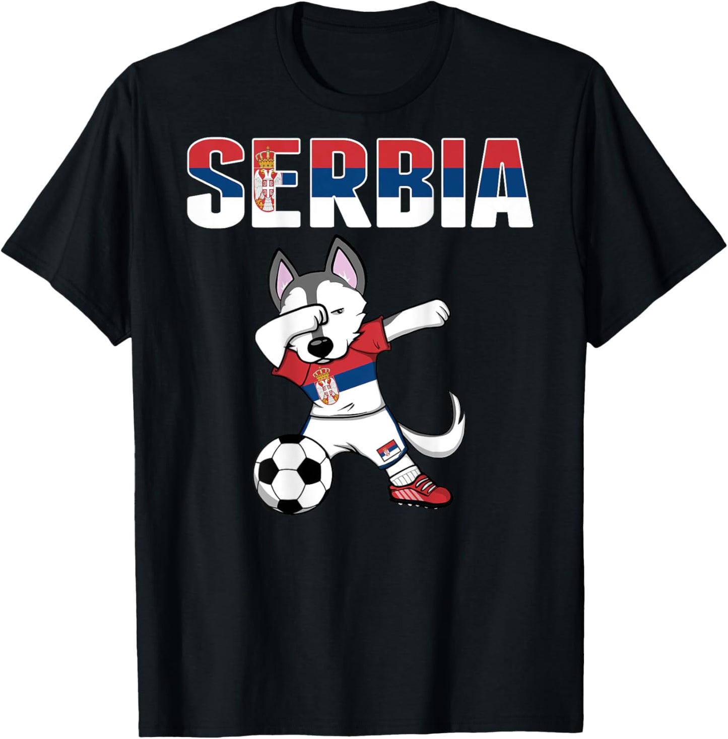 Dabbing Husky Dog Serbia Soccer Fans Jersey Serbian Football Men Women Kids T-Shirt - T-Shirt | Black