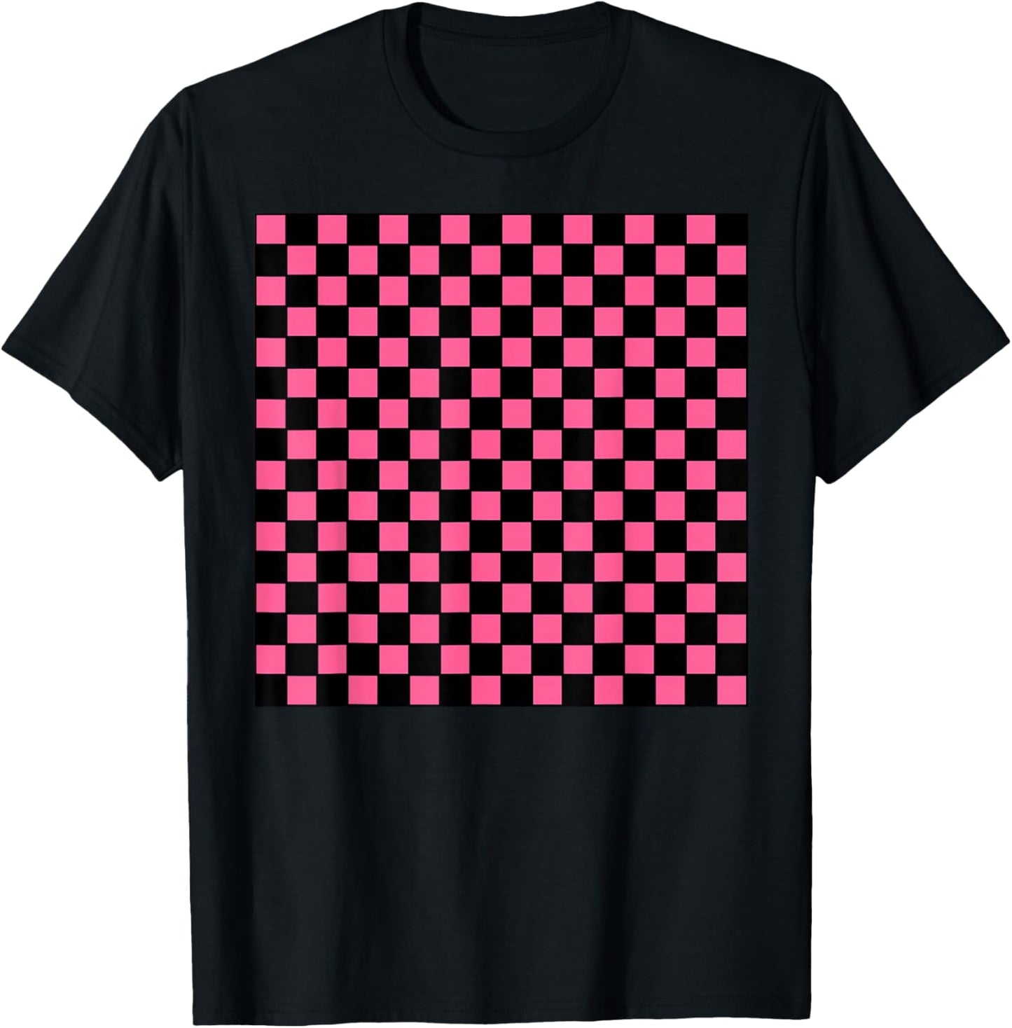 Black Hot Pink Checkerboard Pattern Checkered Gingham Check T-Shirt - T-Shirt | Black