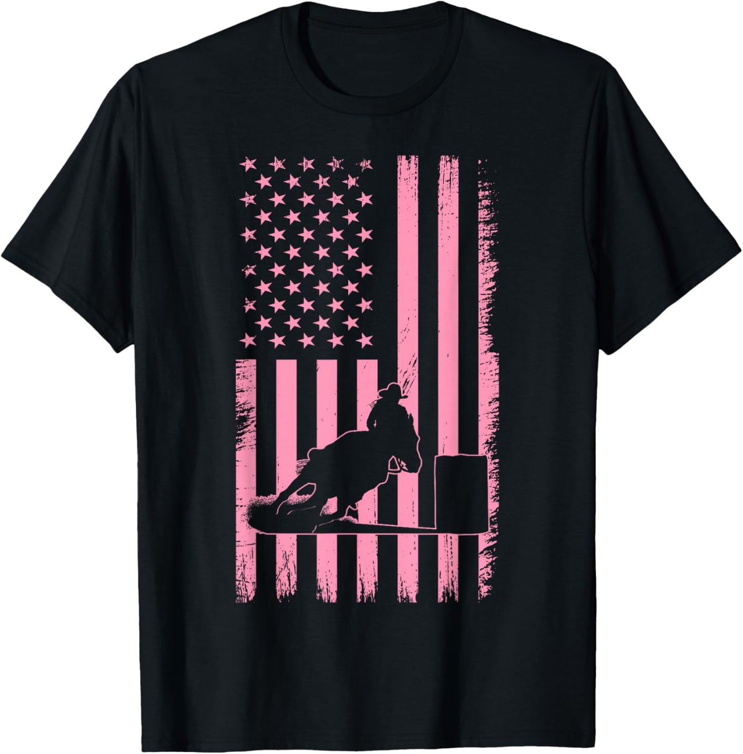 US Flag Pink Cowgirl Rodeo Western Horse Barrel Racing T-Shirt - T-Shirt | Black