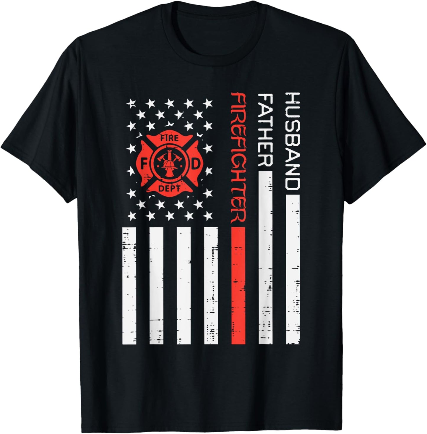 Husband Father Firefighter US Flag Red Line Fathers Day Men T-Shirt - T-Shirt | Black