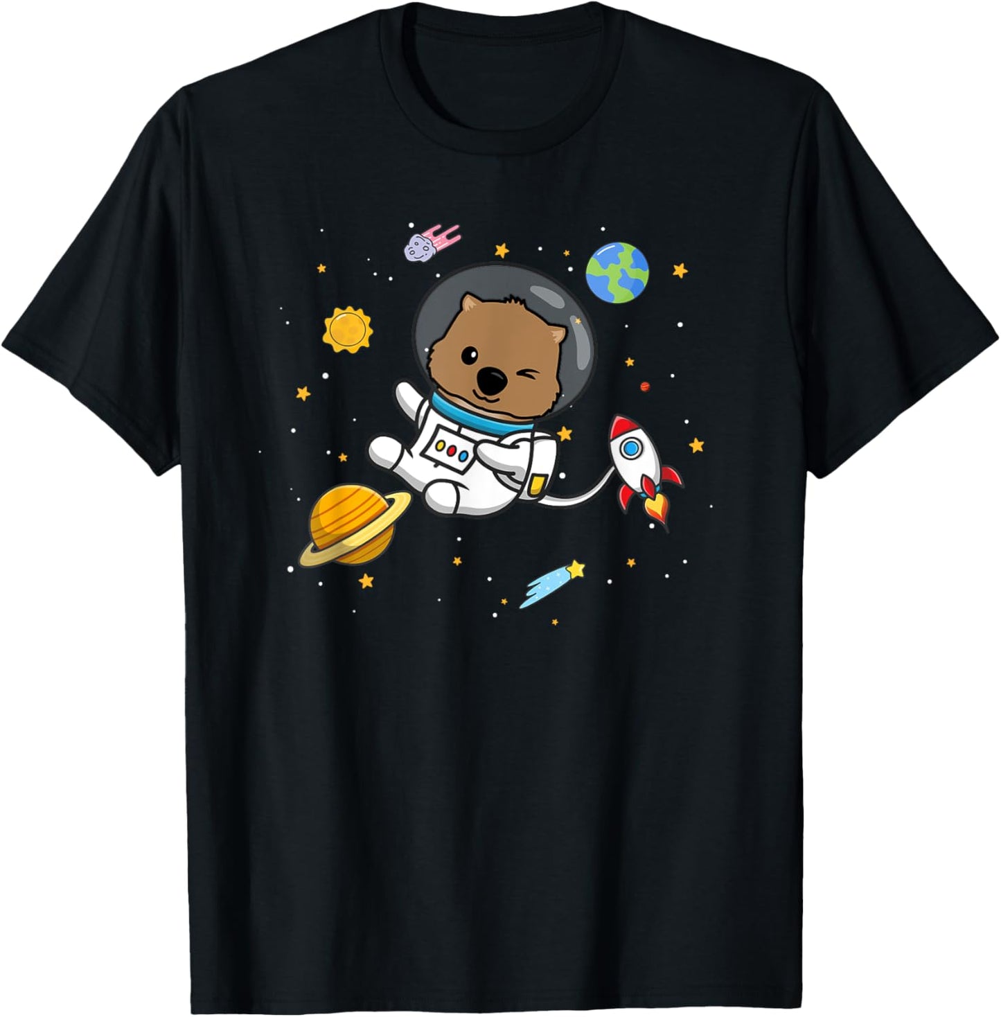 Cute Kawaii Kids Space Australian Animal Lover Wombat T-Shirt - T-Shirt | Black