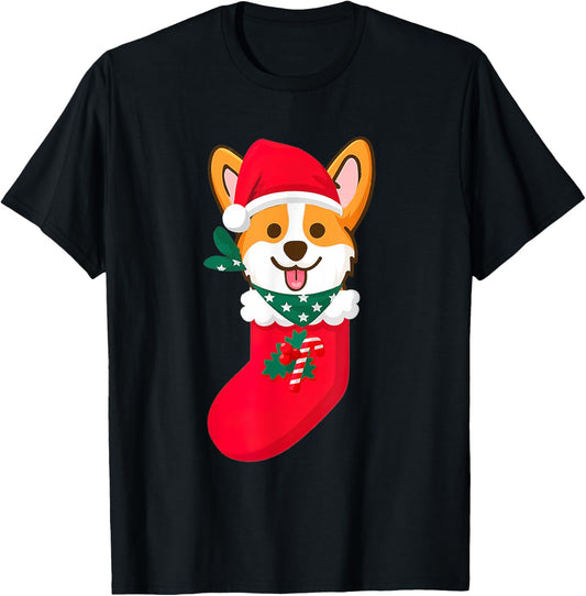 Cute Christmas Corgi Surprise Sift In The Sock Corgi Xmas T-Shirt - T-Shirt | Black