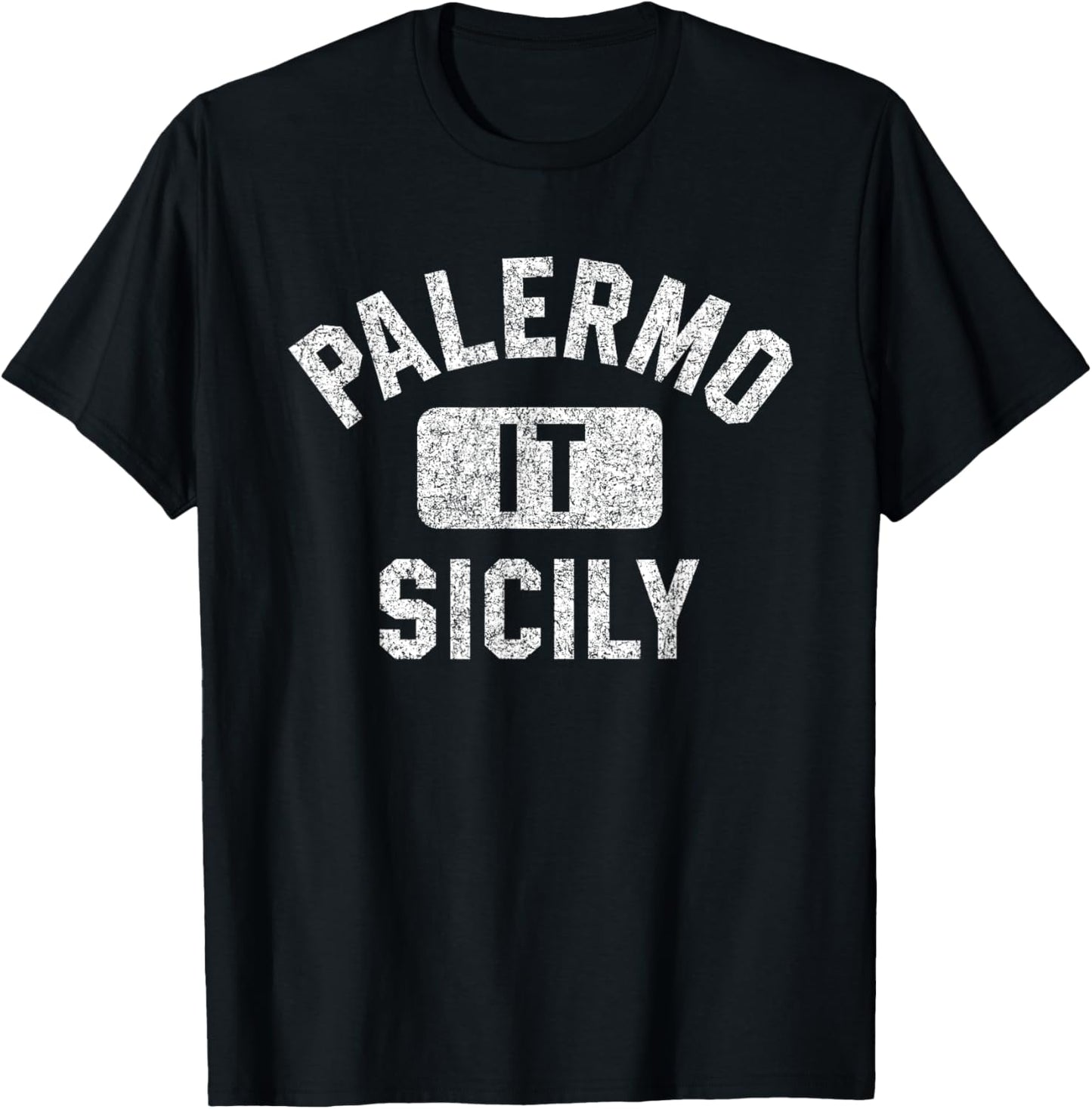 Palermo Sicily Gym Style Distressed White Print T-Shirt - T-Shirt | Black