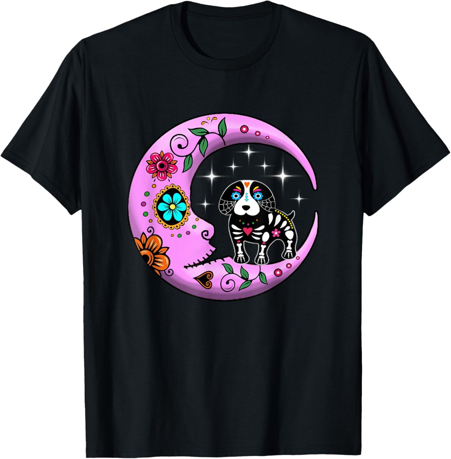 Dog & Moon Sugar Skull Dia de Los Muertos Funny Day Of Dead T-Shirt - T-Shirt | Black