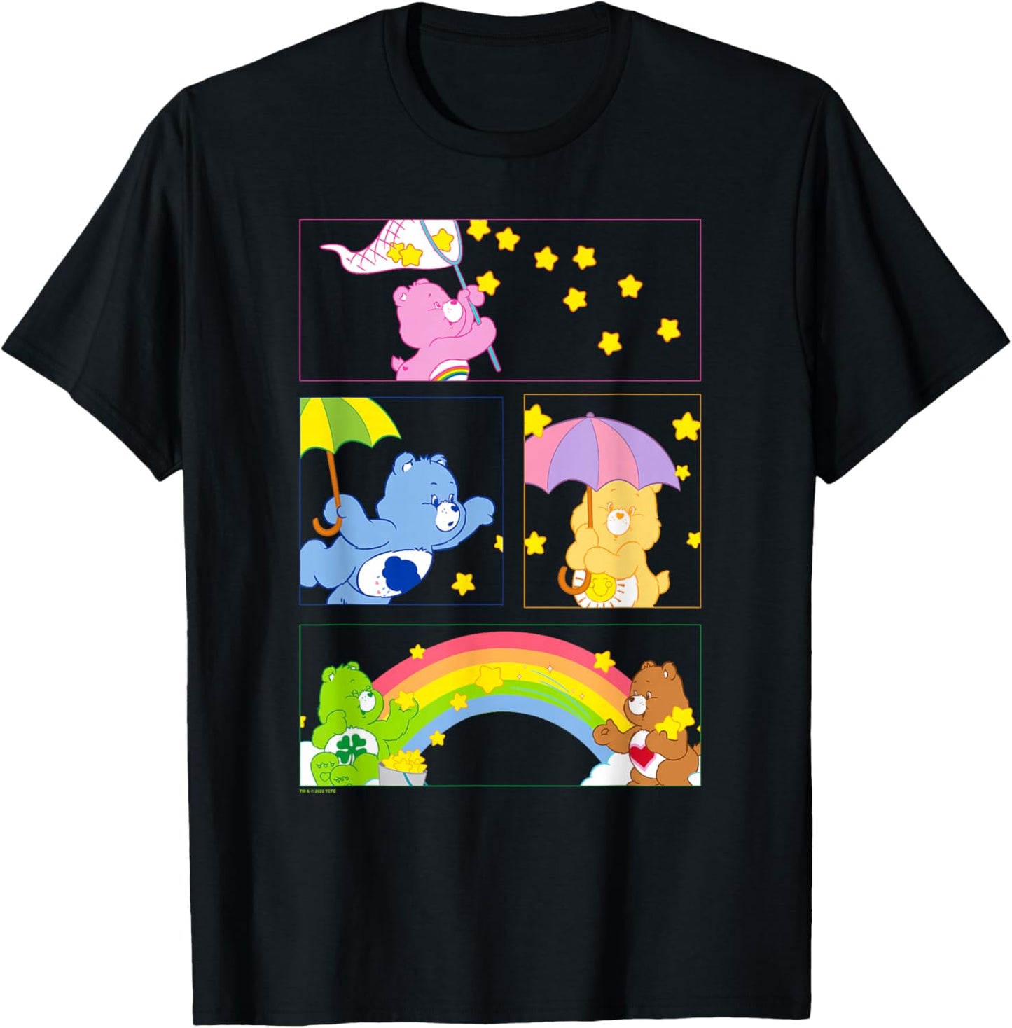 Care Bears Vintage Catching Stars Rainbow Group Panels T-Shirt - T-Shirt | Black