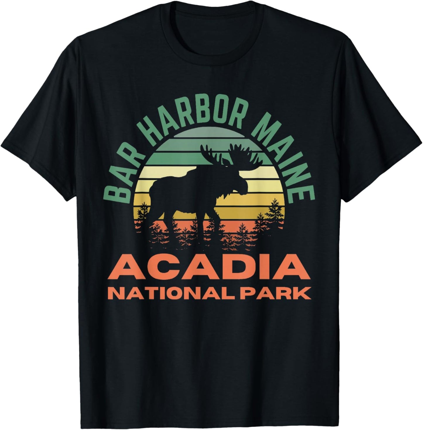 Bar Harbor Maine Acadia National Park Moose Retro Sunset T-Shirt - T-Shirt | Black