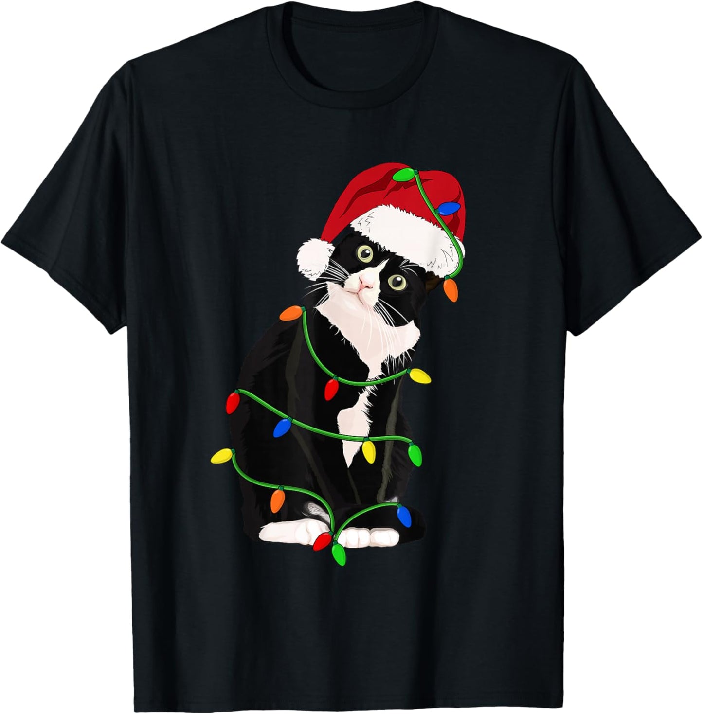 Tuxedo Cat Meow Santa Tuxie Christmas Tree Lights Cat Catmas T-Shirt - T-Shirt | Black