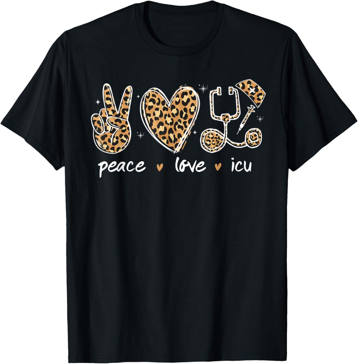 Peace love Icu nurse life leopard Print stethoscope Heart T-Shirt - T-Shirt | Black