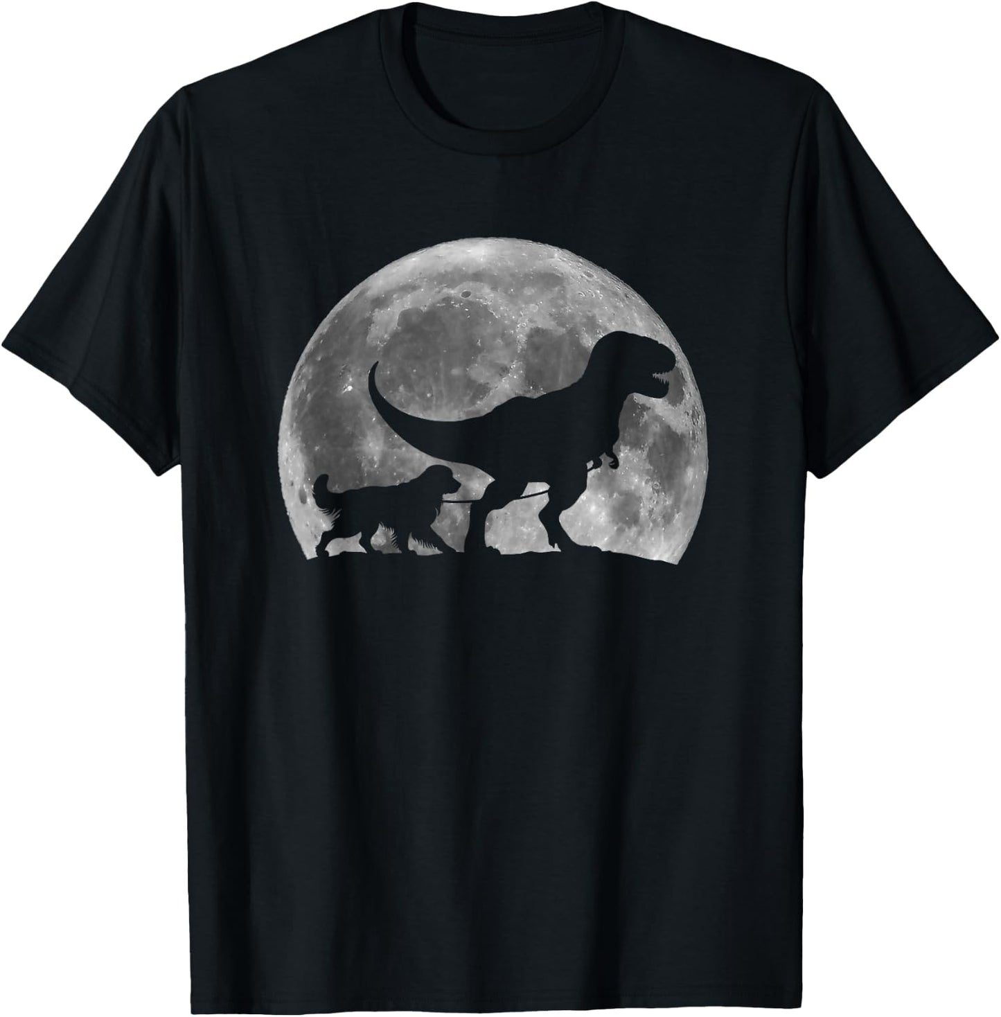 T Rex Walking a Dog Funny Golden Retriever Moon Halloween T-Shirt - T-Shirt | Black
