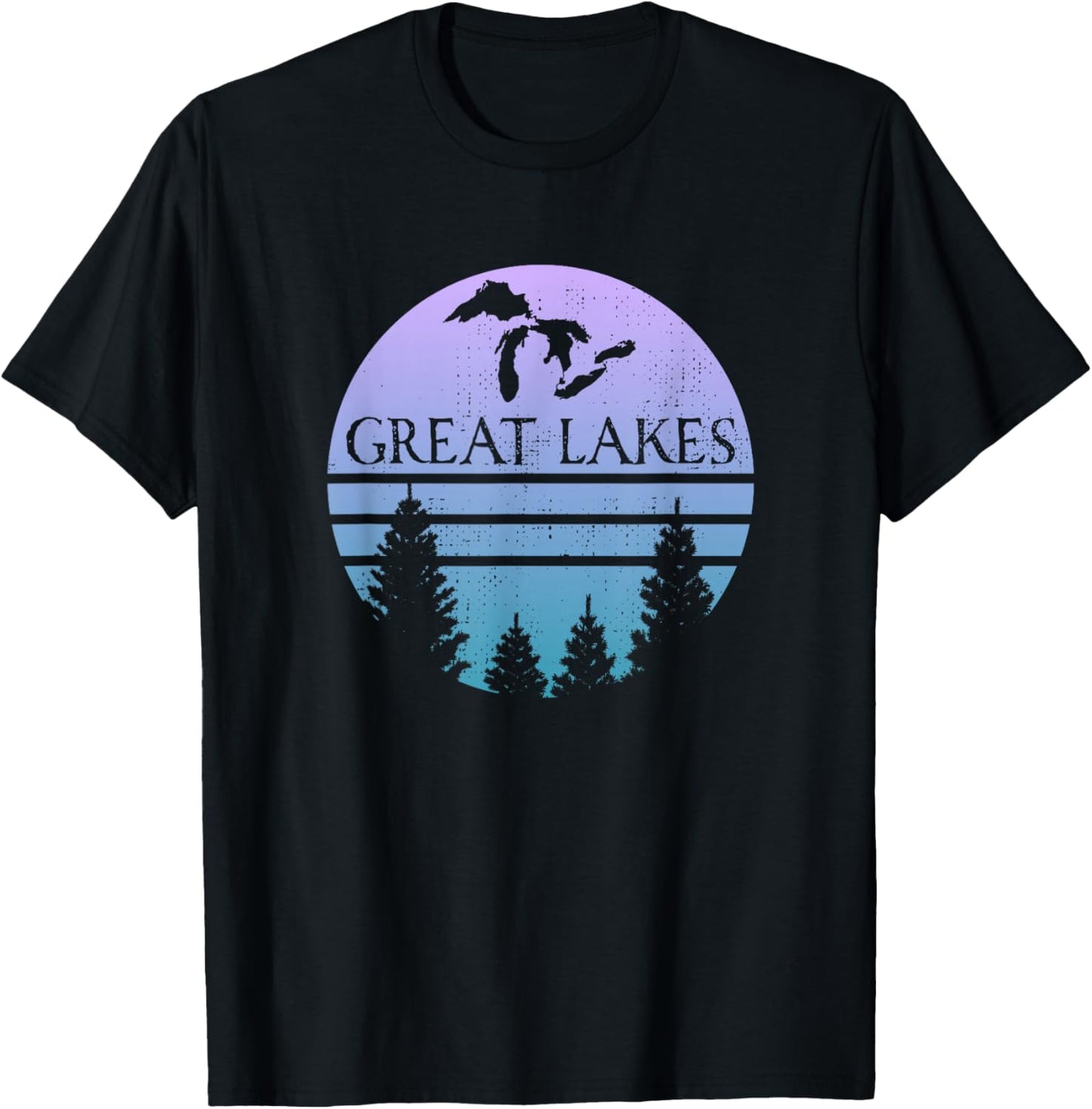 Great Lakes of Michigan Lakes Silhouette Trees T-Shirt - T-Shirt | Black