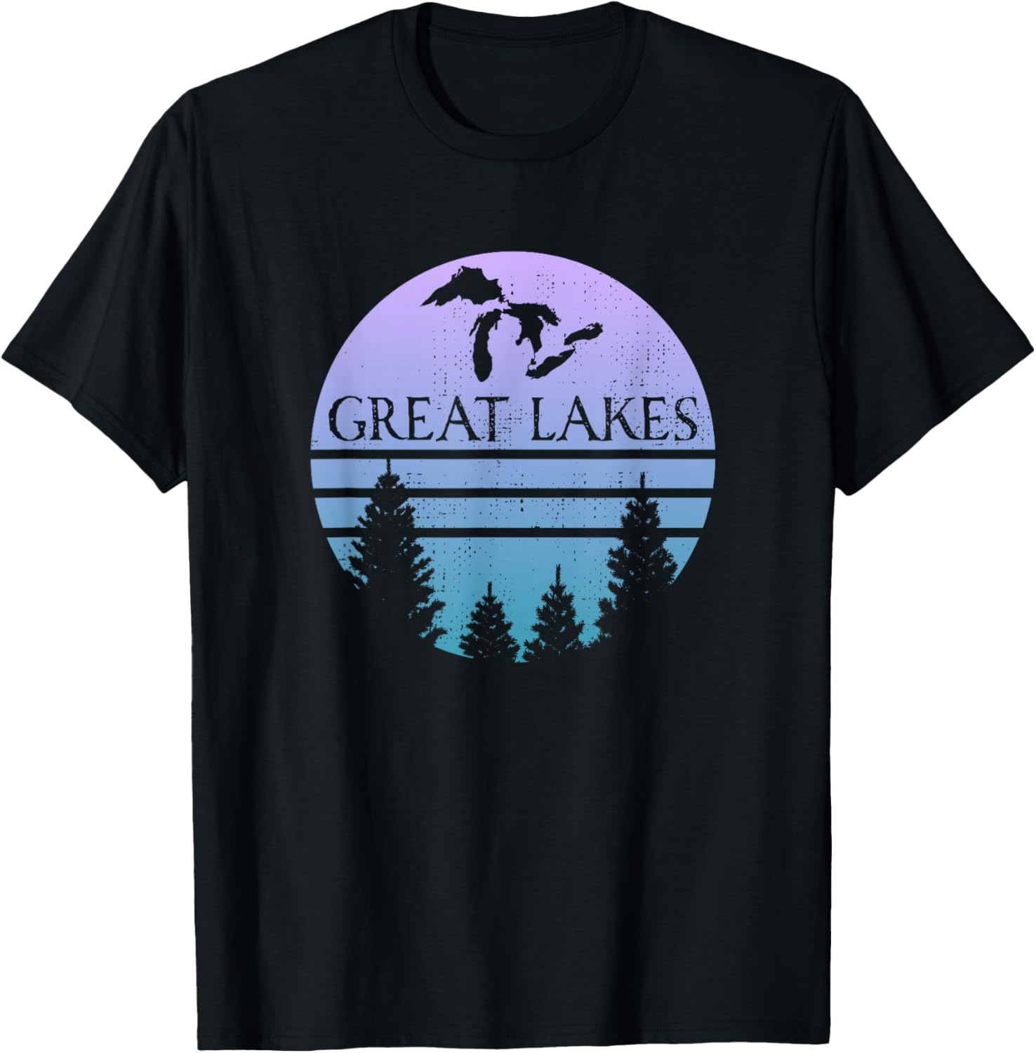 Great Lakes of Michigan Lakes Silhouette Trees T-Shirt - T-Shirt | Black