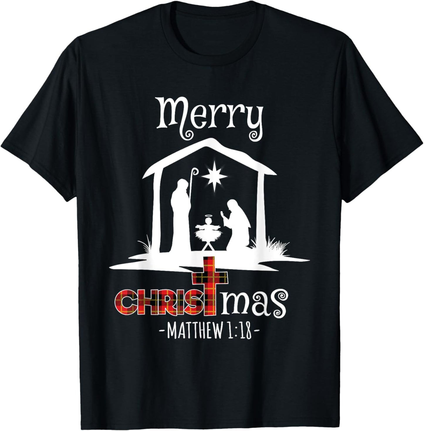 Merry Christmas Cute Buffalo Plaid Christians T-Shirt - T-Shirt | Black