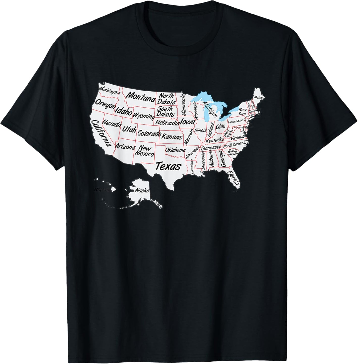 US Map with states names and border, USA map T-Shirt - T-Shirt | Black