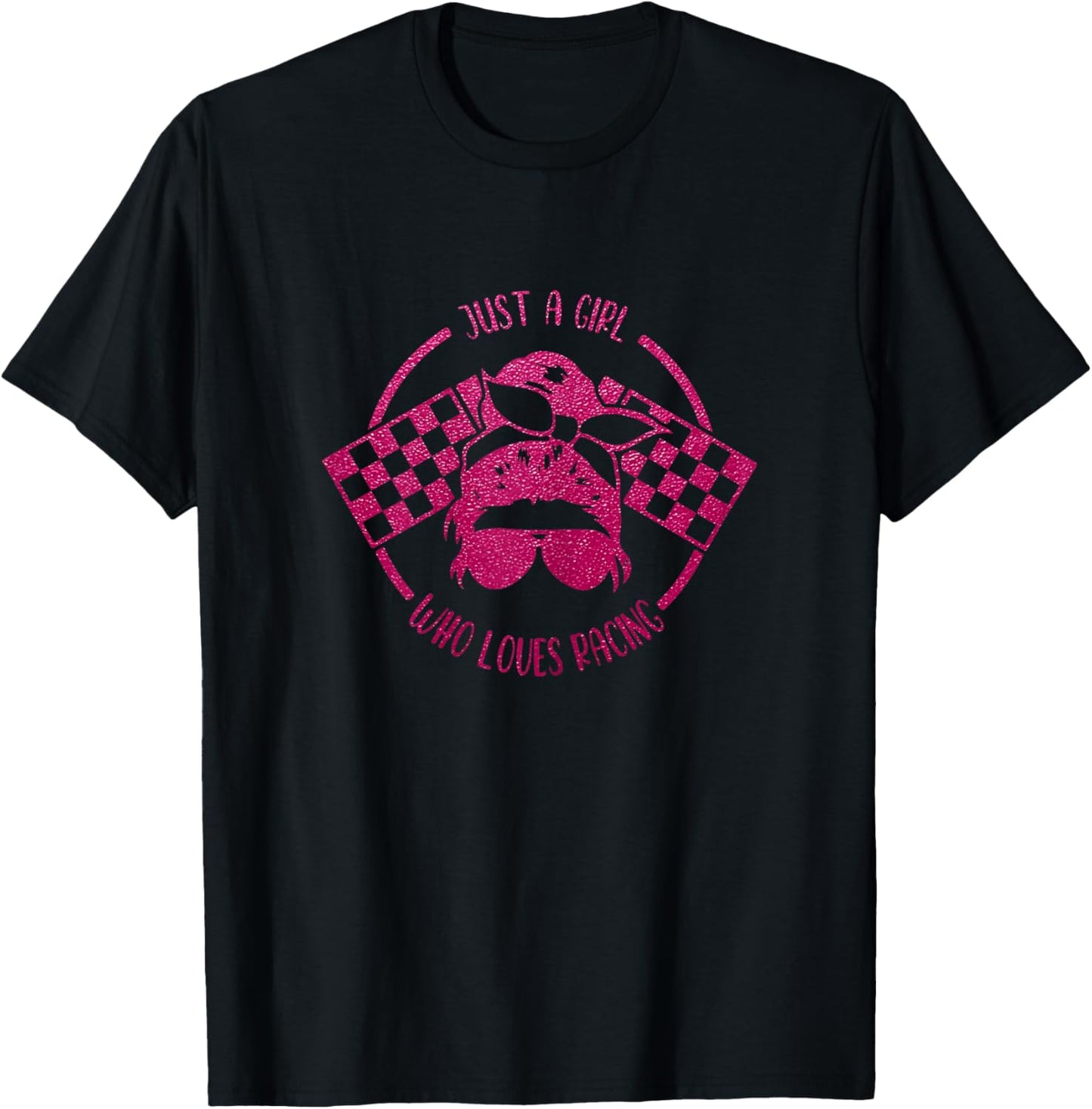 Just A Girl Who Loves Racing Race Day Checkered Flags Gift T-Shirt - T-Shirt | Black