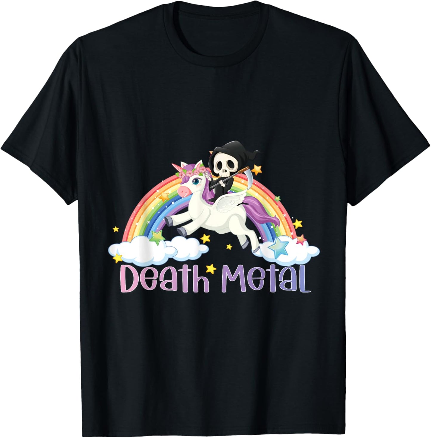 Grim Reaper Rainbow Colorful Stars Unicorn Death-Metal T-Shirt - T-Shirt | Black