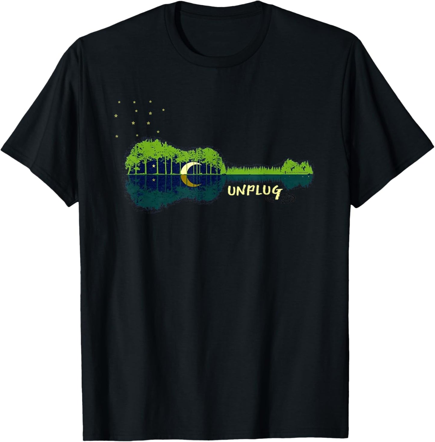 "Unplug" Acoustic Guitar Forest Outdpor Camping Apparel T-Shirt - T-Shirt | Black