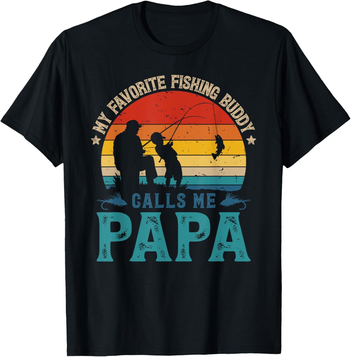 Vintage Favorite Fishing Buddy Calls Me Papa Fish Man Sunset T-Shirt - T-Shirt | Black
