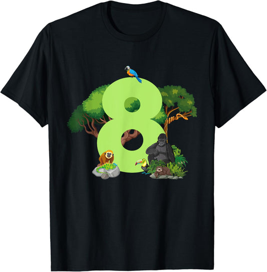 8th Birthday Jungle Animals Safari Rainforest 8 Year Old T-Shirt - T-Shirt | Black