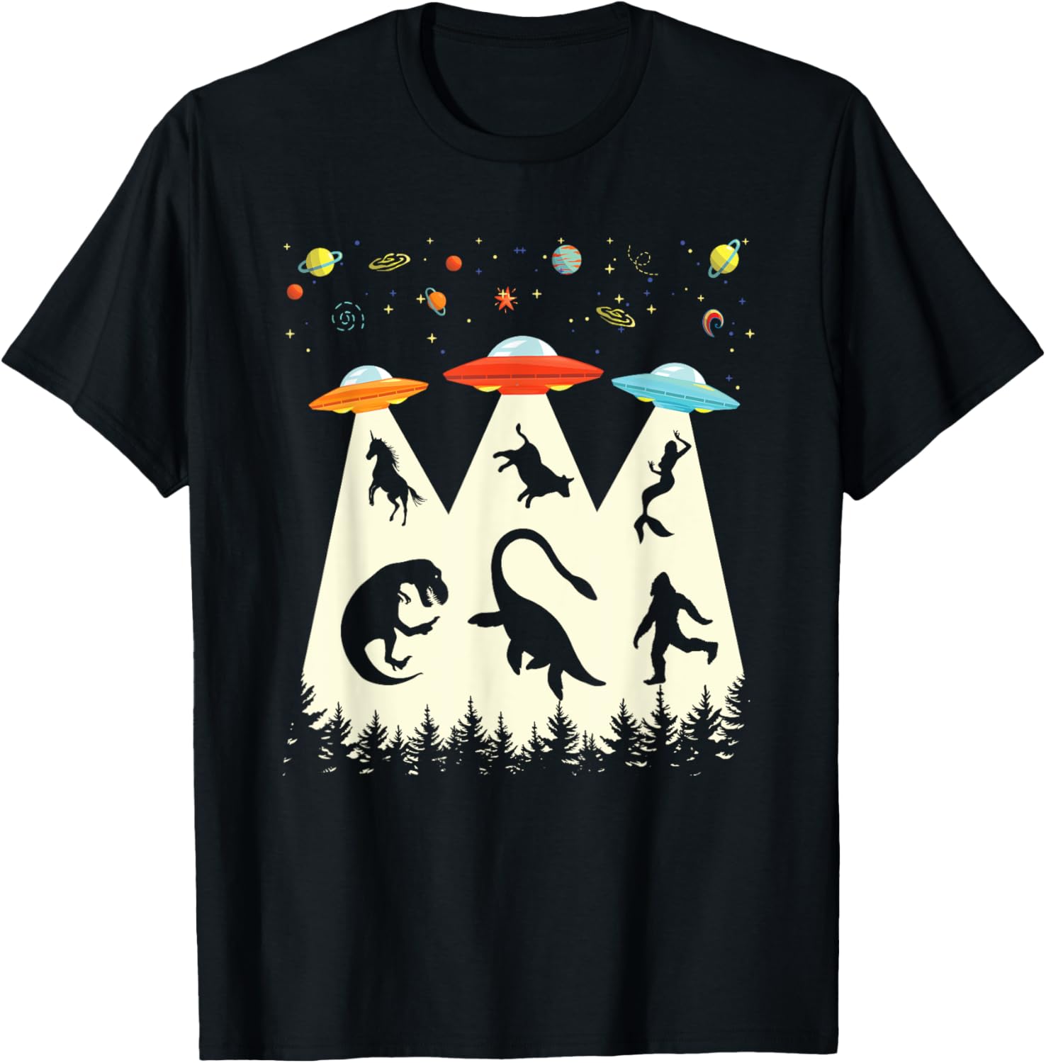 Vintage Alien Abduction T-Rex Loch Ness Bigfoot Funny UFO T-Shirt - T-Shirt | Black