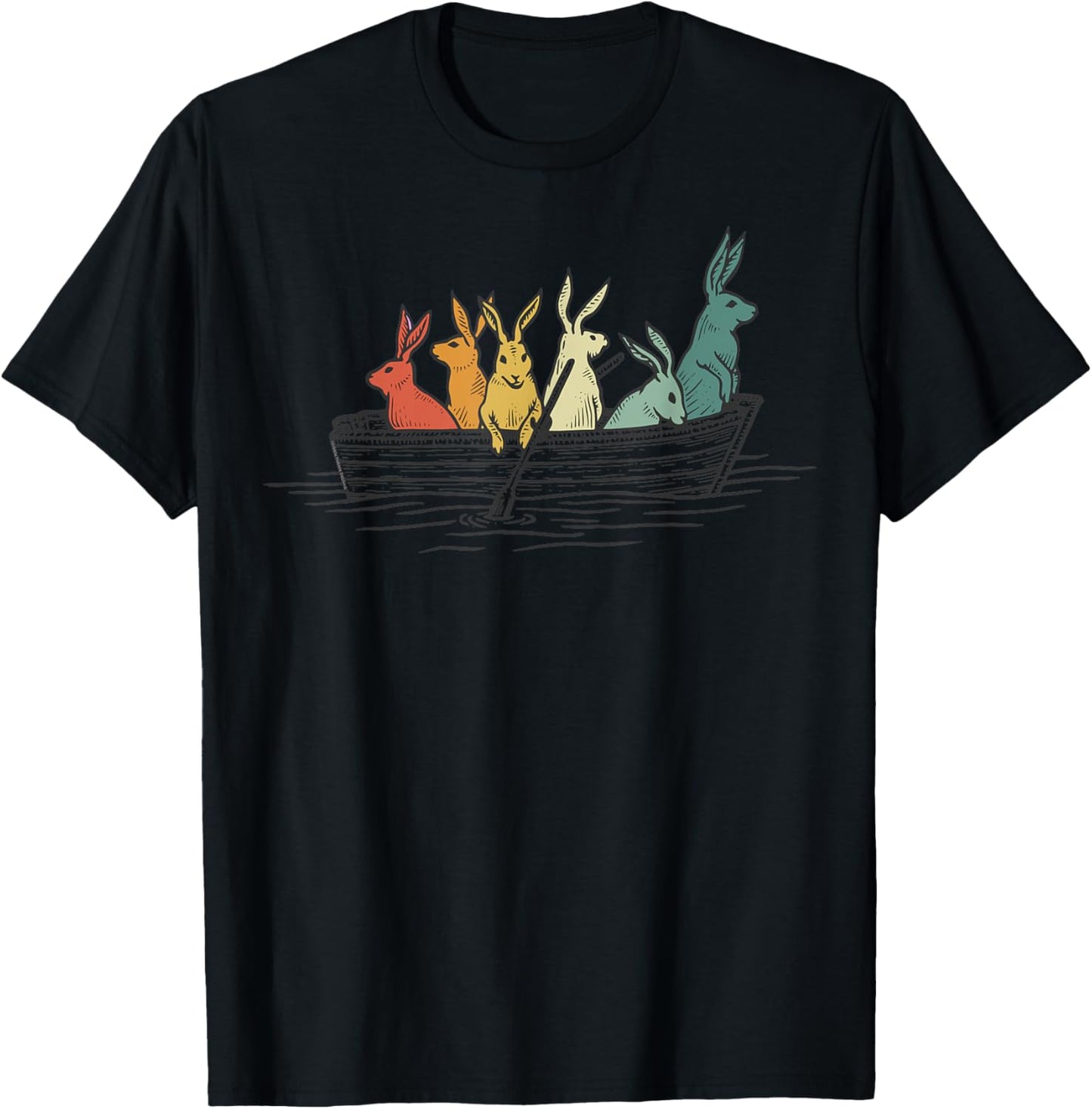 Pretty Rabbits in Retro Colors in a Boat - Bunny Rabbit T-Shirt - T-Shirt | Black