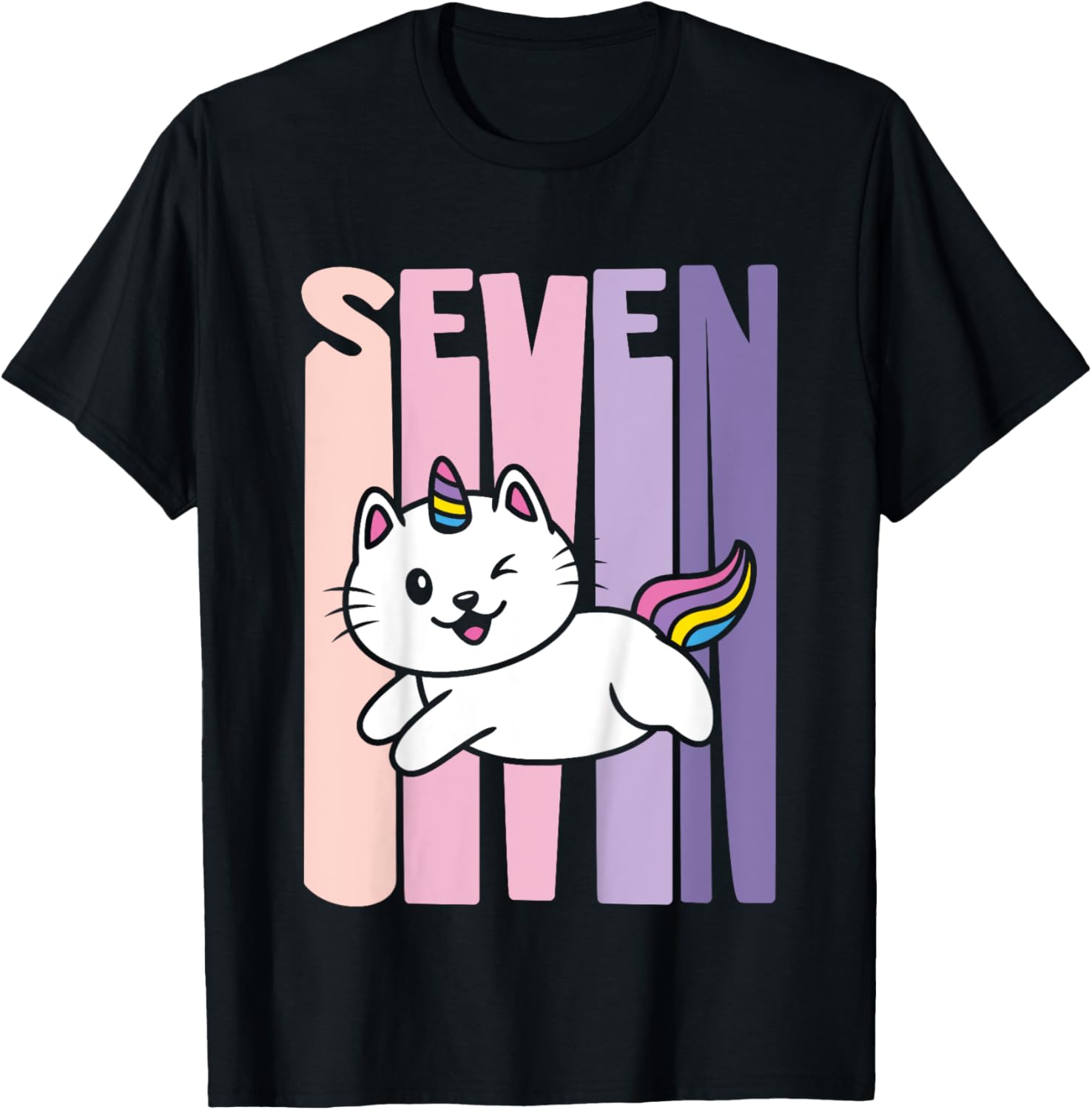 7 Year Old Cute Caticorn Cat Unicorn Birthday Girl B-day T-Shirt - T-Shirt | Black