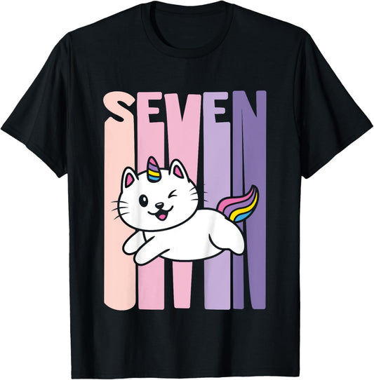 7 Year Old Cute Caticorn Cat Unicorn Birthday Girl B-day T-Shirt - T-Shirt | Black
