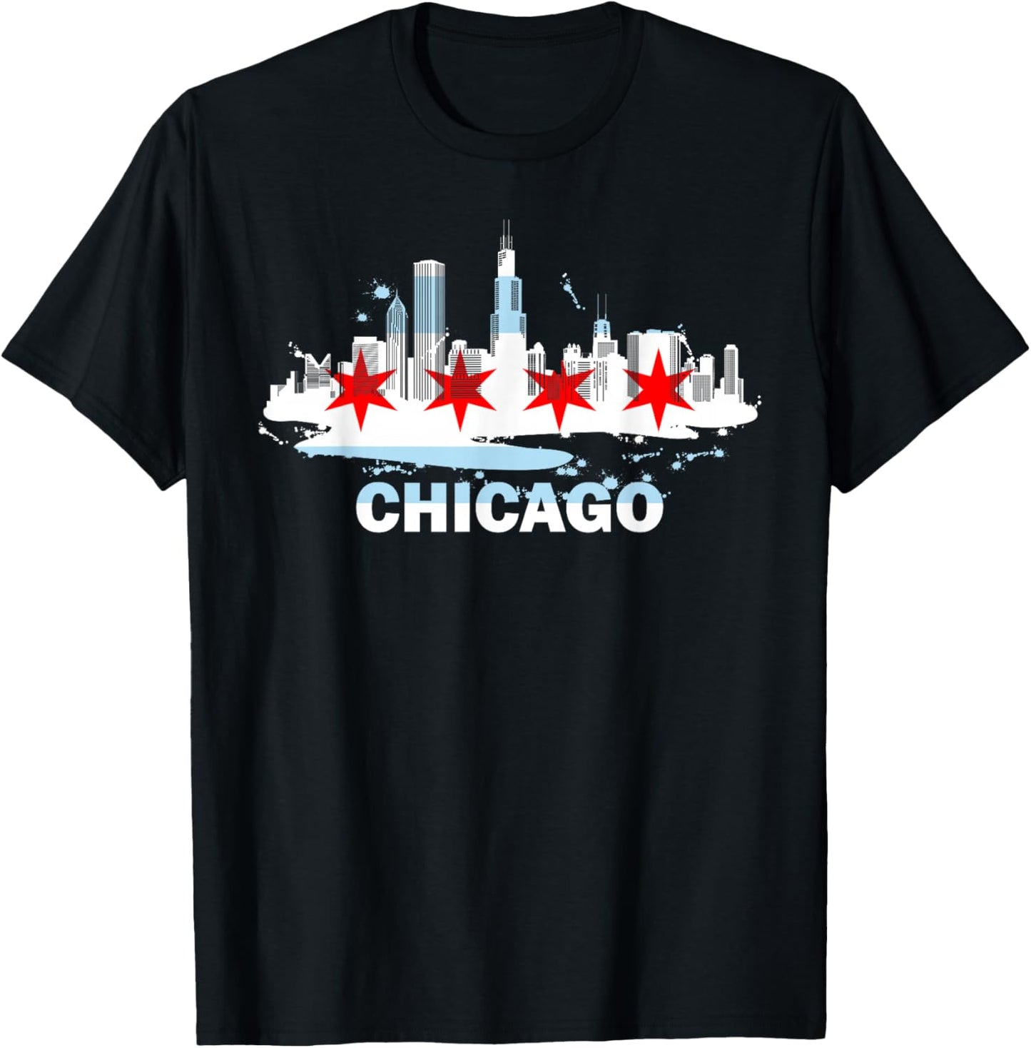 Chicago City Flag Downtown Skyline - Chicago Skyline T-Shirt - T-Shirt | Black