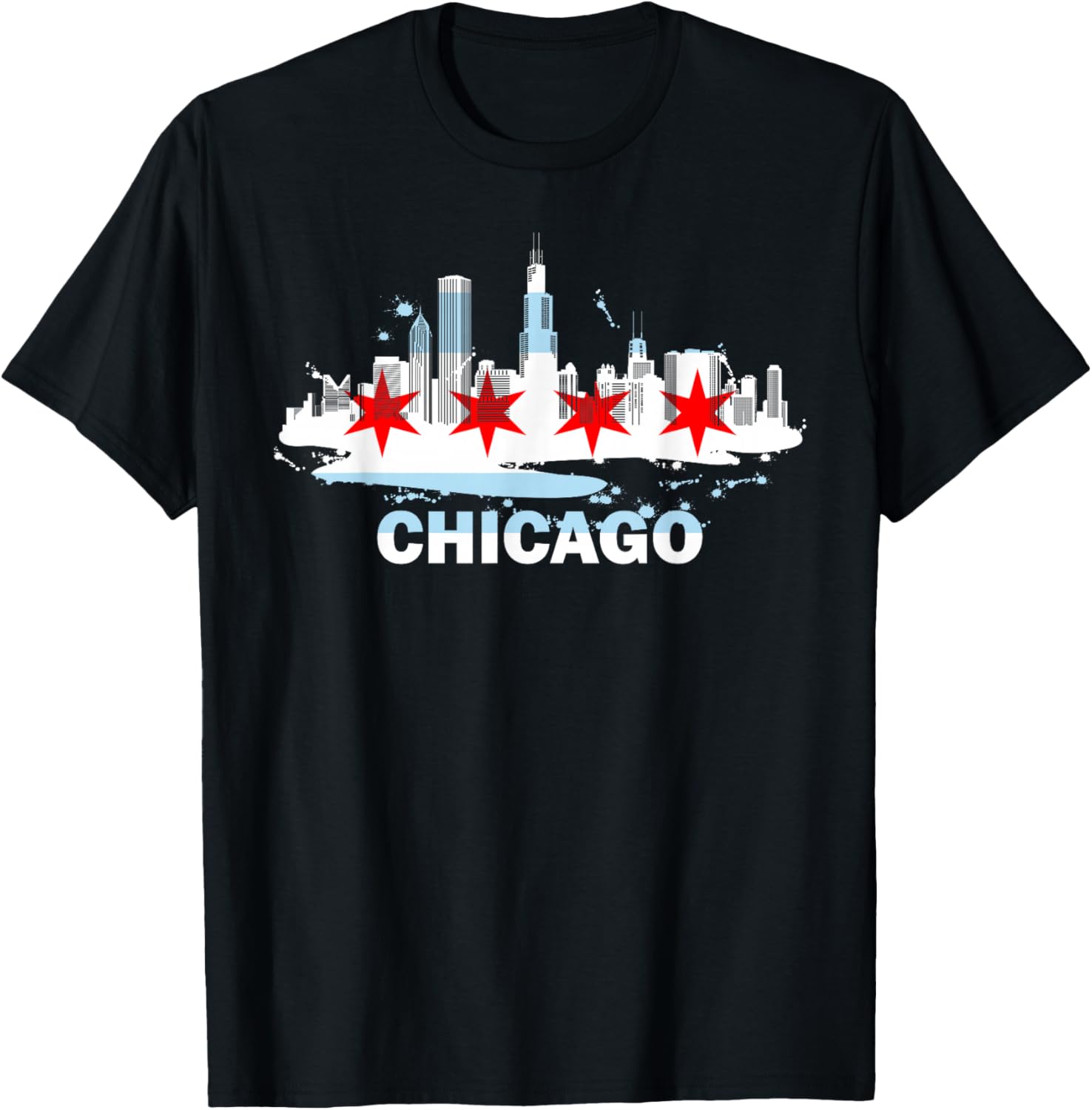 Chicago City Flag Downtown Skyline - Chicago Skyline T-Shirt - T-Shirt | Black