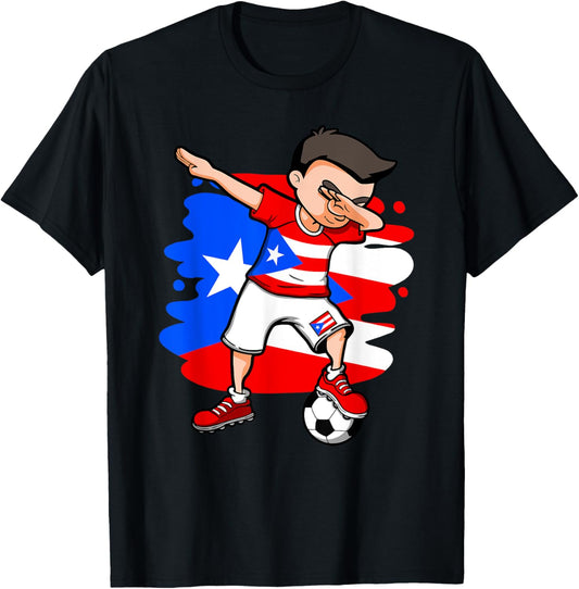 Dabbing Soccer Boy Puerto Rico Fans Jersey Puerto Rican Flag T-Shirt - T-Shirt | Black