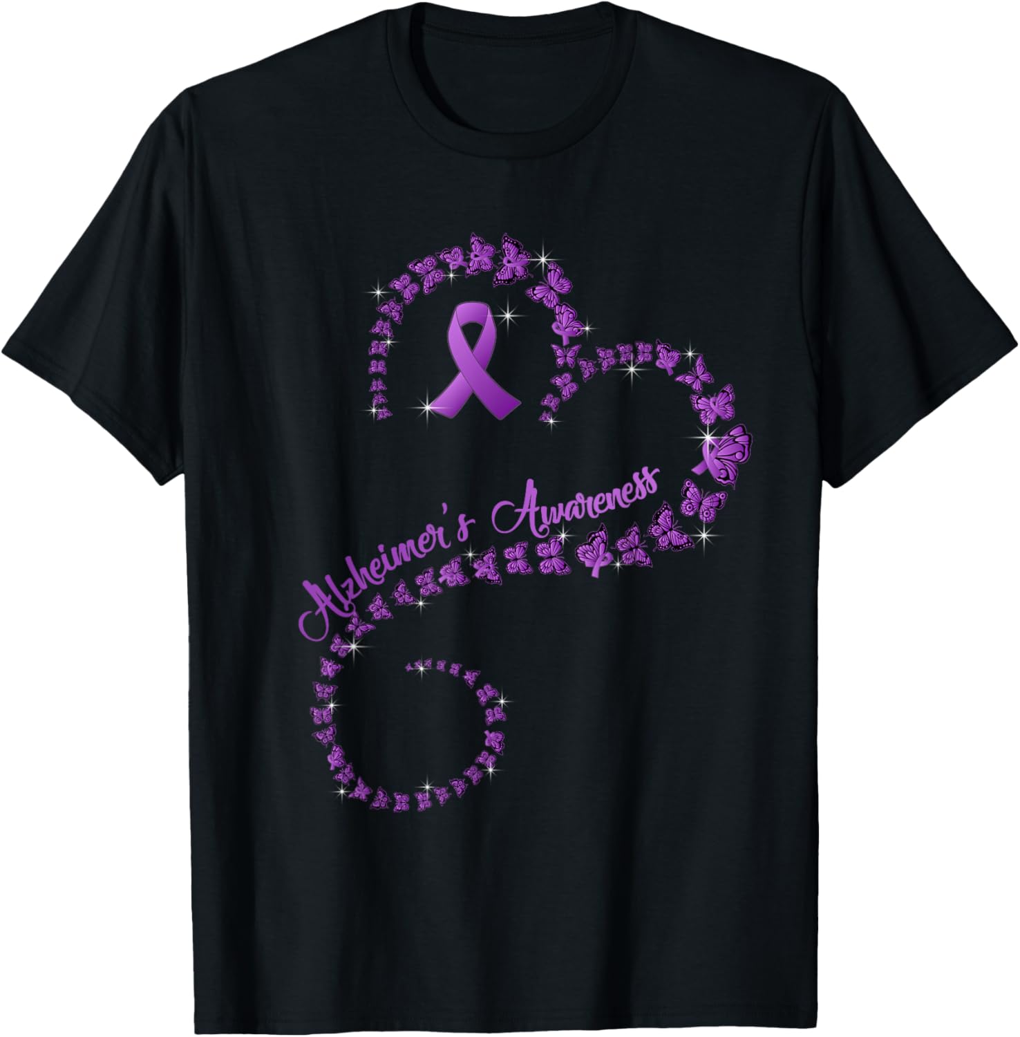 Purple Ribbon Butterfly Heart Alzheimer's awareness T-Shirt - T-Shirt | Black