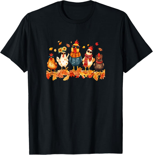 Fun and Trendy Chickens Fall Autumn Leaves T-Shirt - T-Shirt | Black